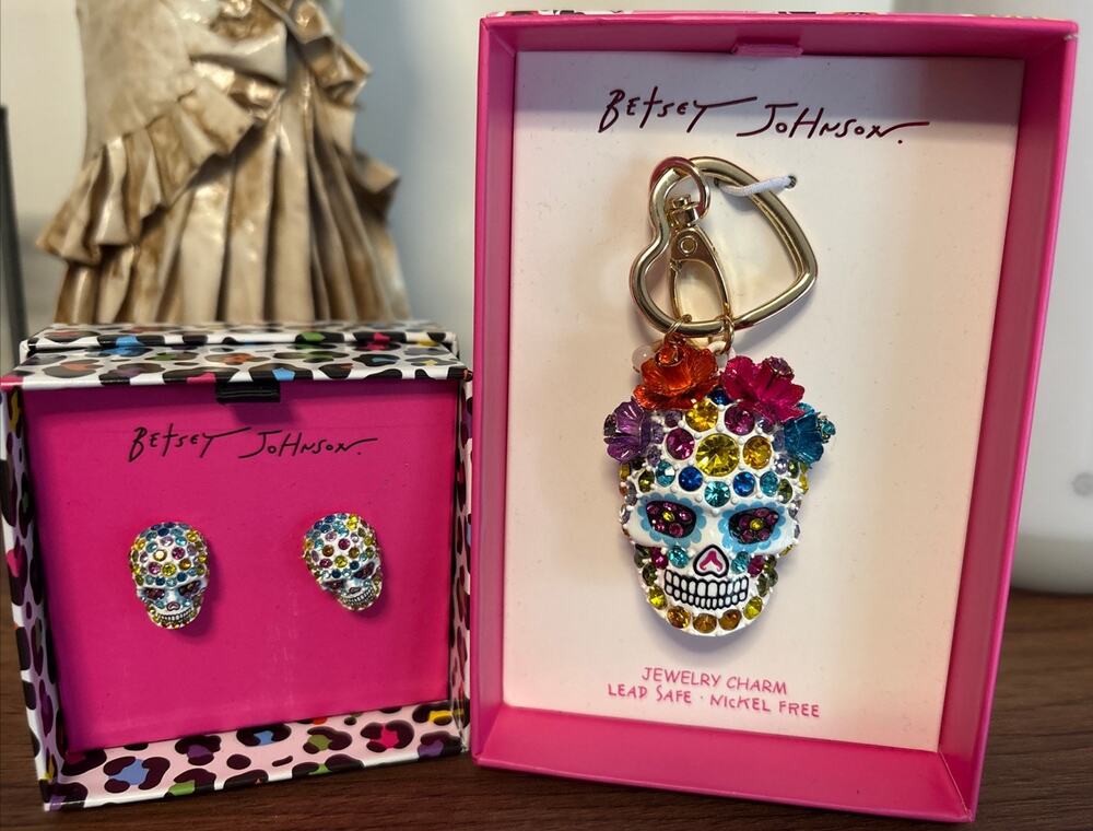 NIB Set Betsey Johnson Candy Sugar Skull Earrings And Bag Charm Day Of The Dead